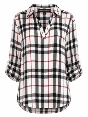 Jane & Delancey Plaid Popover Blouse Size Small Roll Tab Sleeve Top